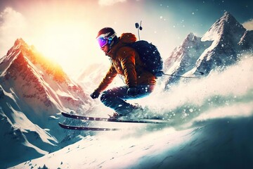 Canvas Print - Skier on downhill skiing slope down mountain on snow-covered track, generative ai, created with generative ai