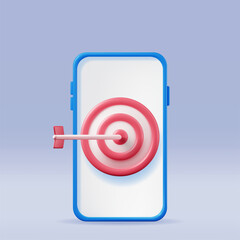 Aufkleber - 3D Target with Arrow in Center on Smartphone Screen. Render Dartboard with Arrow and Phone. Goal Setting. Smart Goal. Business or Finance Target Concept. Achievement and Success. Vector Illustration