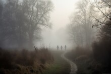  Three People Walking Down A Path In A Foggy Forest On A Foggy Day With Trees And Grass On Either Side Of The Path.  Generative Ai