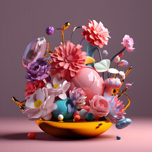 Spring Bold, Unconventional Flower Arrangement, Featuring Blossoms Made From Metallic And Glass Materials In A Variety Of Vivid Hues Generative Ai
