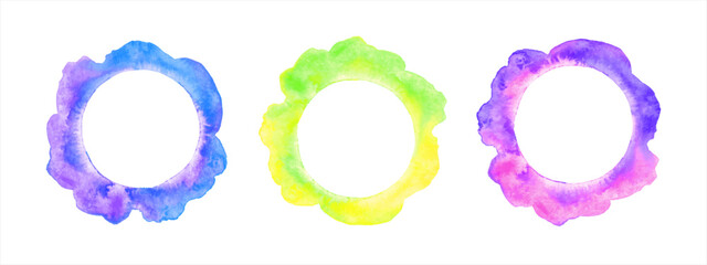 Aufkleber - Watercolor stains vector round frames set, collection. Circle, floral, ring shape, uneven artistic deckled edge. Hand drawn bright watercolour abstract text, border templates, brush drawn backgrounds.