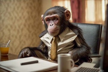 Sticker - Monkey dressed in suit and tie sitting at desk with laptop computer. Generative AI.