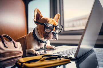 Small dog wearing glasses sitting in front of laptop computer on desk. Generative AI.