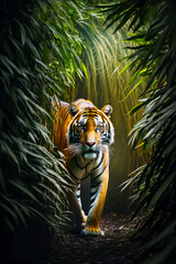 Canvas Print - Image of tiger walking through forest of tall grass and palm trees with its eyes wide open. Generative AI.