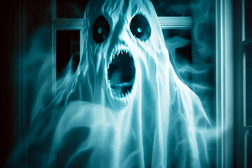 Poster - Ghost with its mouth open in dark room with window in the background. Generative AI.