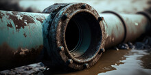 Accident And Leak On Rusty Old Pipeline, Water Pollution By Sewage. AI Generation