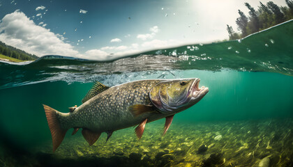 Wall Mural - Sport fishing, Predatory fish salmon trout under water and fisherman. Generation AI