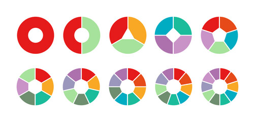set of colored pie charts for 1,2,3,4,5,6,7,8,9,10 steps or sections to illustrate a business plan, 