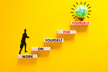 Wall Mural - Work for yourself symbol. Concept words Work on yourself for yourself on wooden block. Beautiful yellow table yellow background. Businessman icon. Business and work for yourself concept. Copy space.
