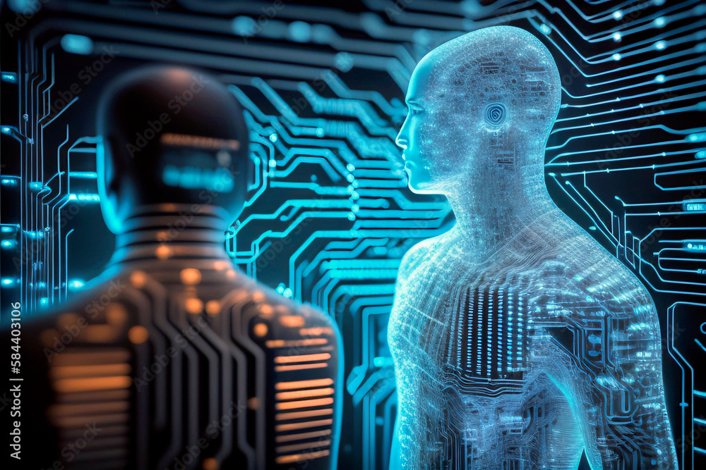 Two humans merge with artificial intelligence, Generative AI image ...