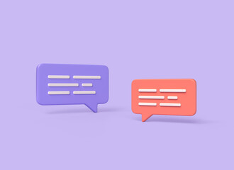 Poster - 3d chat icons on speech bubbles in cartoon style. the concept of communication in social networks. digital marketing. illustration isolated on purple background. 3d rendering.