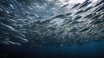 Wall Mural - A school of shimmering sardines moving in unison