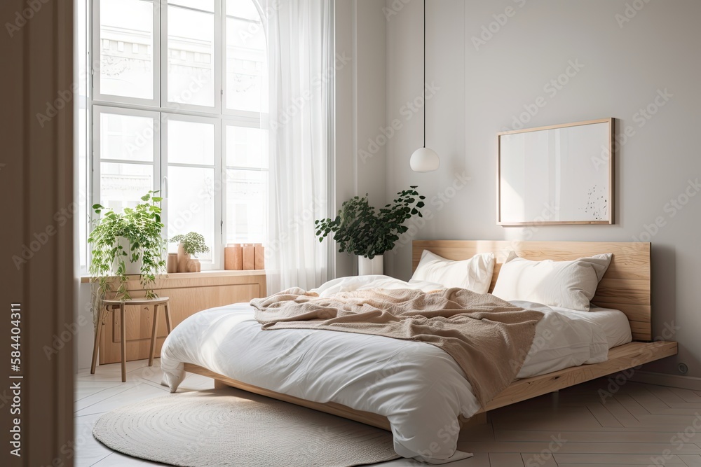 A serene and minimalist bedroom with a platform bed, white bedding, and ...