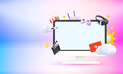 Poster - Computer monitor with video entertainment elements and blank screen. 3d vector banner with copy space