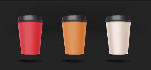 Aufkleber - Different color paper coffee cups collection. 3d vector isolated on black background