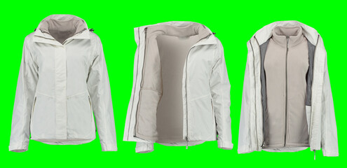 Wall Mural - Set white warm jacket. Isolated white women's jacket on a green background. Isolated image on a green background. Nobody. 
