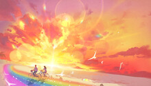 Joyful Illustration Shows A Boy And Girl Riding Their Bicycles On A Rainbow Beside The Sea, With Birds Flying Against A Colorful Orange Sky At Sunset. The Scene Is Full Of Happiness. 