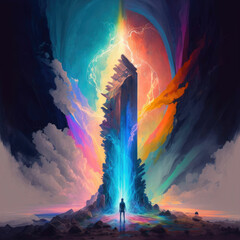 Wall Mural - Man standing in front of colorful sky with a pillar of light ,made with Generative AI