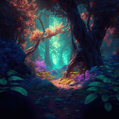 Fairytale forest at night, scenery of fantasy purple flowers and blossom ,made with Generative AI