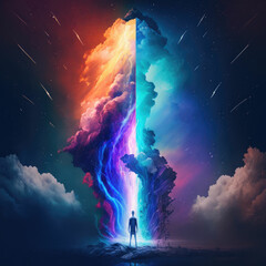 Wall Mural - Man standing in front of colorful sky with a pillar of light ,made with Generative AI