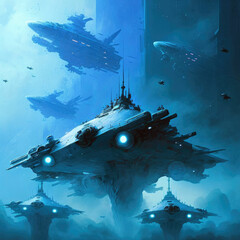 Wall Mural - Alien ship hovering motionless in the air. Unidentified flying object, alien invasion, extraterrestrial life, space travel ,made with Generative AI