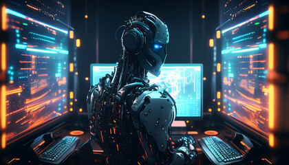 Wall Mural - Robot office worker browsing the internet on his computer in his workspace facing a virtual environment with big data and an artificial intelligence, computer Generative AI stock illustration