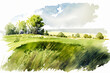 Watercolor landscape of a lush grass of gentle slopes in a rural scene on white background, Generative AI