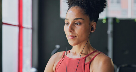 Canvas Print - Black woman, breathe and earphones for music with fitness and exercise ready in gym, health and active motivation. Start, workout and calm for body training and endurance, wellness and listening.