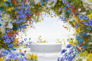 Wall Mural - abstact 3d render winter scene and natural podium background, ice podium on the snow ground in the s