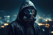 Illustration Of Man With Gas Mask And Hood, Futuristic City In The Background. Generative AI