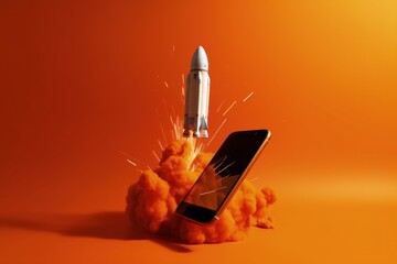 Wall Mural - Illustration of rocket taking off and mobile phone, startup and technology concept, orange background. Generative AI