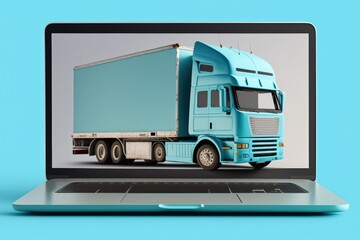 Delivery truck illustration on laptop screen, blue background. Generative AI