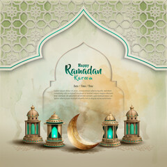 islamic greeting ramadan kareem card design with crescent and green lanterns