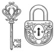 Skeleton key and vintage ornate metal lock drawing