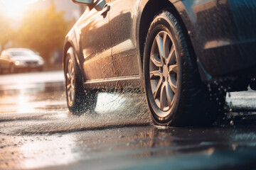 Wall Mural - Splashes and underside of a car wheel with selective focus and blurred background. AI generated, human enhanced.