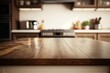 © ds17 - Close up of empty wood table on kitchen. Modern empty kitchen, mockup with empty space. AI generated