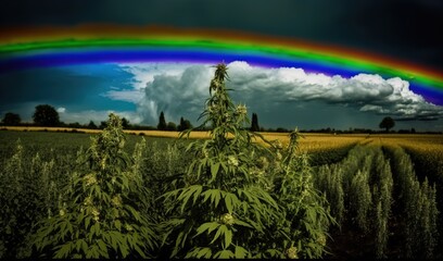 Poster -  a rainbow in the sky over a field of marijuana plants.  generative ai