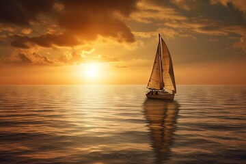 Wall Mural -  a sailboat floating on the ocean during a sunset or sunset with clouds in the sky and the sun shining through the clouds in the sky.  generative ai