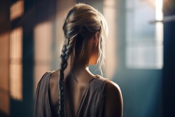  a woman with a braid in her hair looking out of a window at the outside of the room with sunlight coming through the window onto the floor.  generative ai