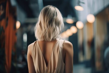 Poster -  a woman with blonde hair standing in a hallway with lights on either side of her head and back of her head, looking down at the floor.  generative ai