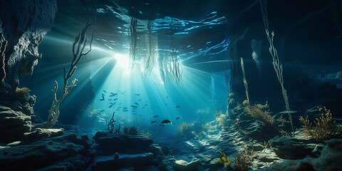 Wall Mural - An underwater world surrealism otherworldly blue lighting Generative AI Digital Illustration Part#24032