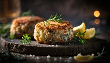 Crab Cakes On Stone, Blurred Background, Rustic Pub. Generative AI