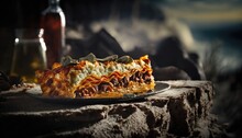 Lasagna On Stone, Blurred Background, Rustic Pub. Generative AI