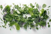  A Bunch Of Green Leafy Vegetables On A White Surface With Sprinkles On The Top Of The Leafy Greens And Leaves.  Generative Ai