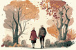 Old couple walking together in a park. Elderly love. Vector art of romantic love. Painting of an old man an old woman enjoying happy senior activity. Outdoors lifestyle. Healthy active pensioners