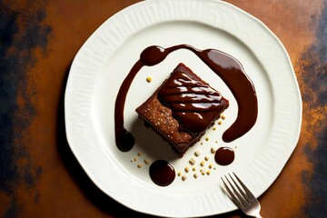 Canvas Print - glazed brownie served on plate overhead view , made with generative ai, created with generative ai