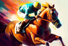 Illustration Paintings Of Horse Racing, Poster Style. Generative AI
