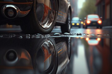 Fototapete - street puddles reflection of orange cars made with Generative AI