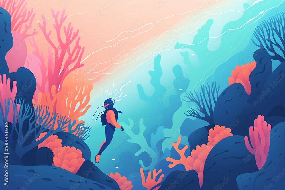 colorful illustration of a scuba diver diving and exploring a colorful ...