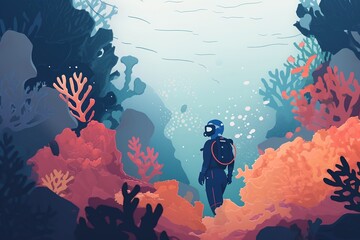 Wall Mural - colorful illustration of a scuba diver diving and exploring a colorful coral reef. generative ai